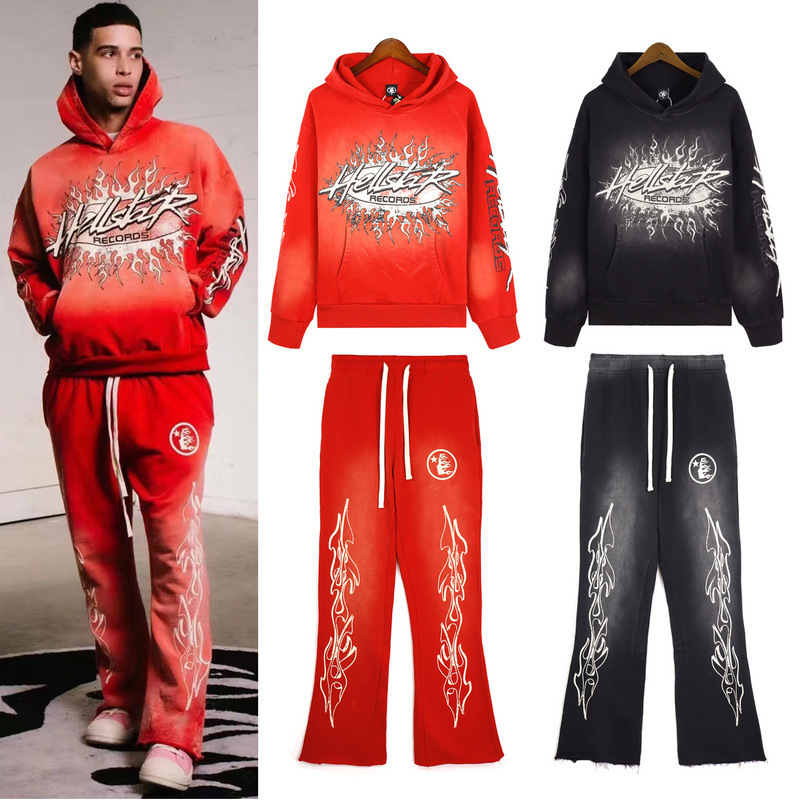 跨境欧美潮牌地狱之星重工洗水做旧连帽卫衣长裤男女休闲运动套装