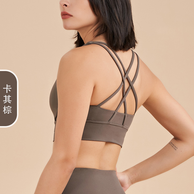 ヌードヨガスポーツブラ耐衝撃高強度フィットネスブラ両面起毛クロスバックヨガベスト女性用