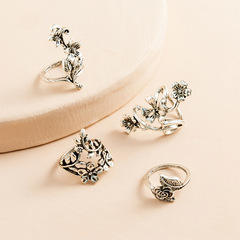 樹葉花朵復古戒指套裝4件歐美跨境鏤空設計感做舊古銀色食指戒指