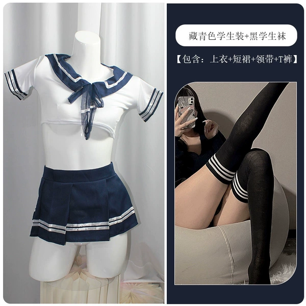 A034 navy blue student uniform + black student socks