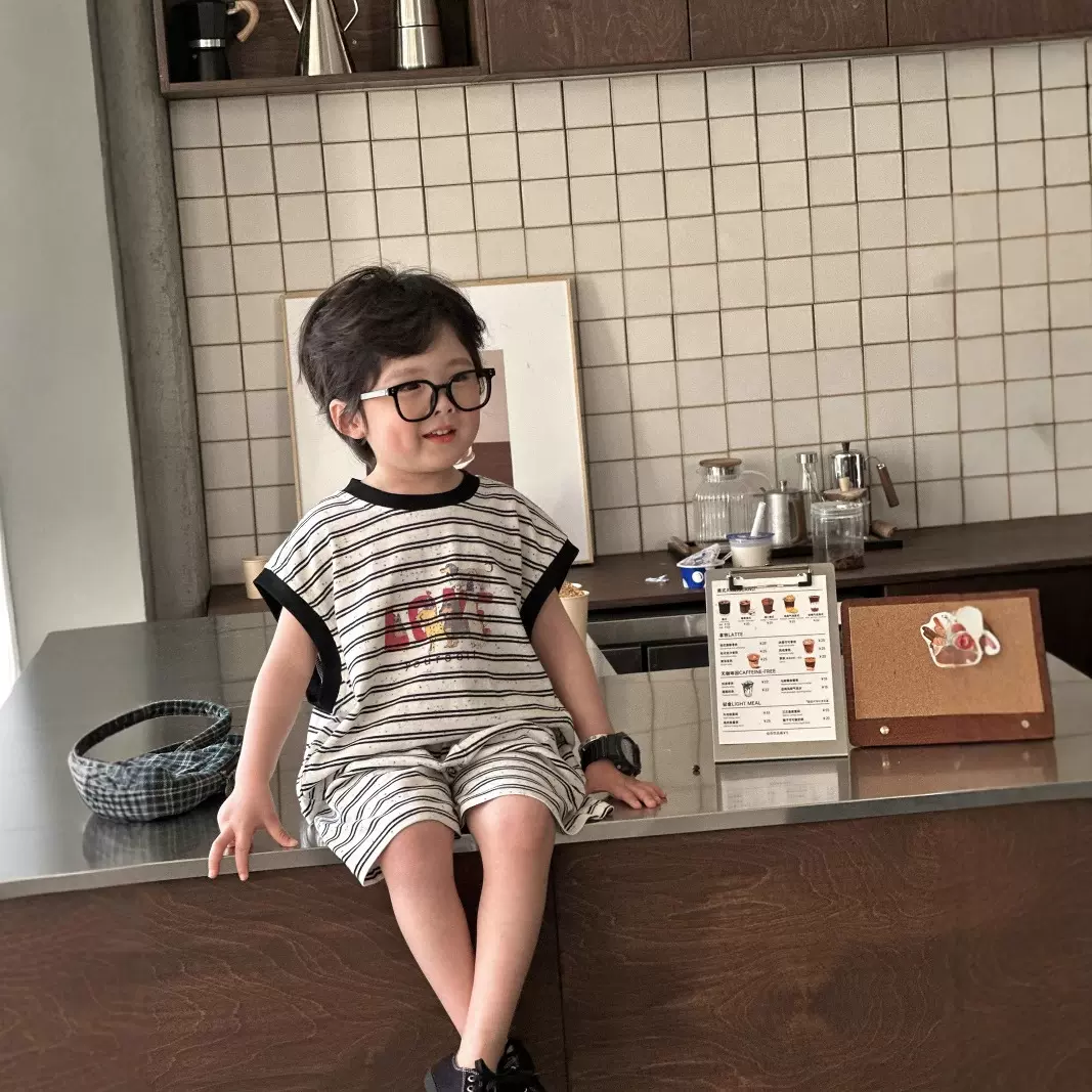 儿童套装2025新款夏季韩版条纹数码直喷印花运动痞帅夏季两件套潮