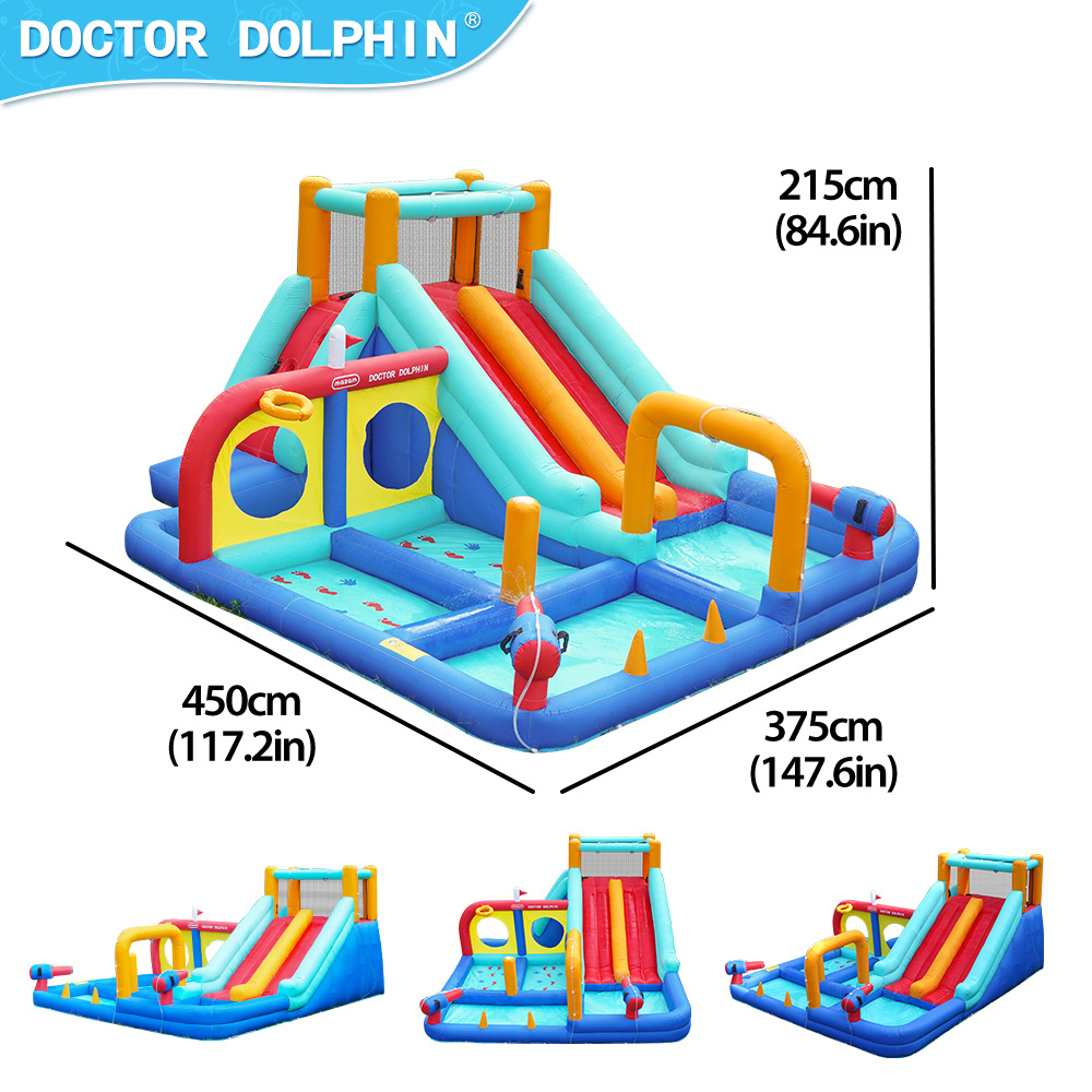 Doctor Dolphin Castillo inflable Castillo de juguete travieso Parque de atracciones Cama de buceo de agua al aire libre Tobogán Chorro de agua Castillo doméstico