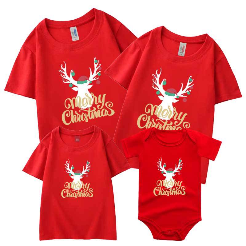Camiseta al por mayor carta de verano cabeza de ciervo de Navidad autoproducido y vendido algodón refinado ropa de padre-hijo ropa de clase ropa para niños manga corta cuello redondo