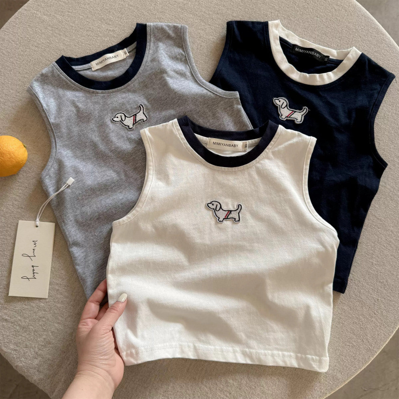 Chaleco de algodón para niños nuevo estilo verano para niños y niñas marca de moda cuello redondo insertado color sin mangas T bebé camisa de dibujos animados para niños