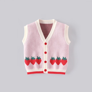 Girls' Sweater Vest, Class a Knitted Cardigan, Korean Style Strawberry V-Neck Cardigan, Autumn Pure Cotton Top, Children's Clothing