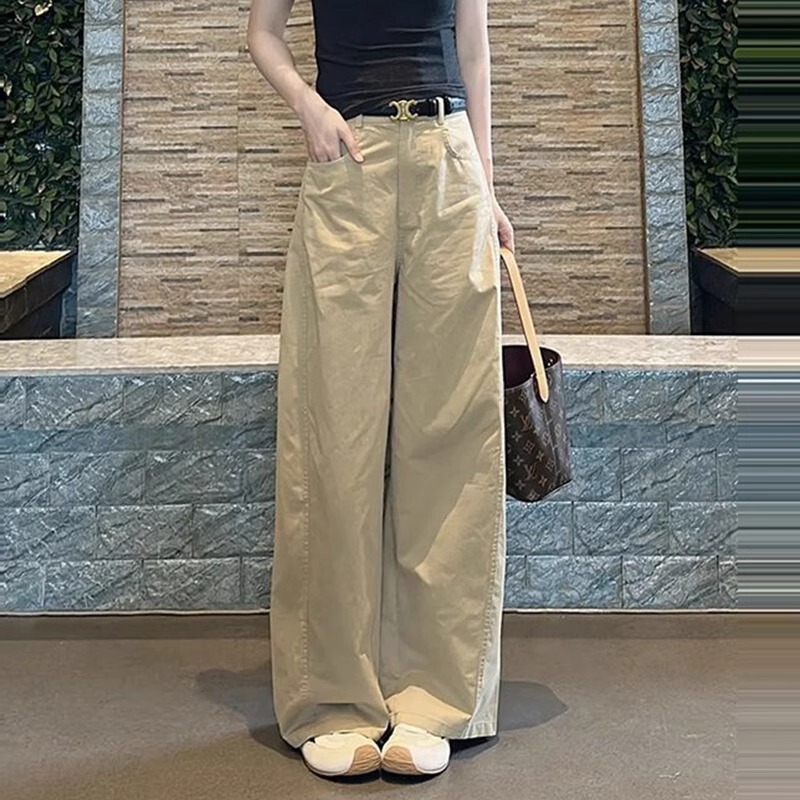 美式复古卡其色休闲裤女夏季新款宽松显瘦高腰直筒阔腿拖地长裤子|undefined