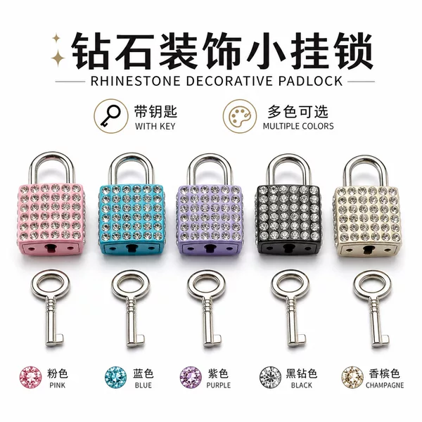 Small diamond padlock with key, light gold decorative padlock for bags and backpacks, decorative small lock