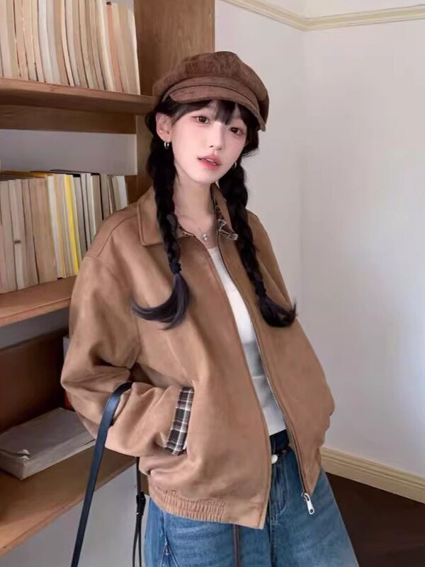 设计感格纹拼接翻领外套女2025秋季新款宽松版型短款时尚夹克上衣|undefined