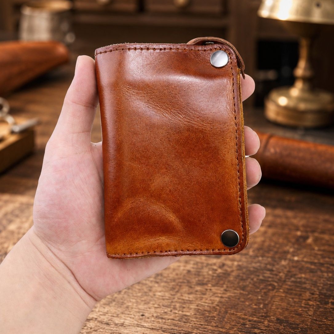 New Style Vegetable-Tanned Leather Wallet for Men, Vintage Distressed Washed Japanese-Style Cowhide Multifunctional Three-In-One Card Holder and Key Pouch