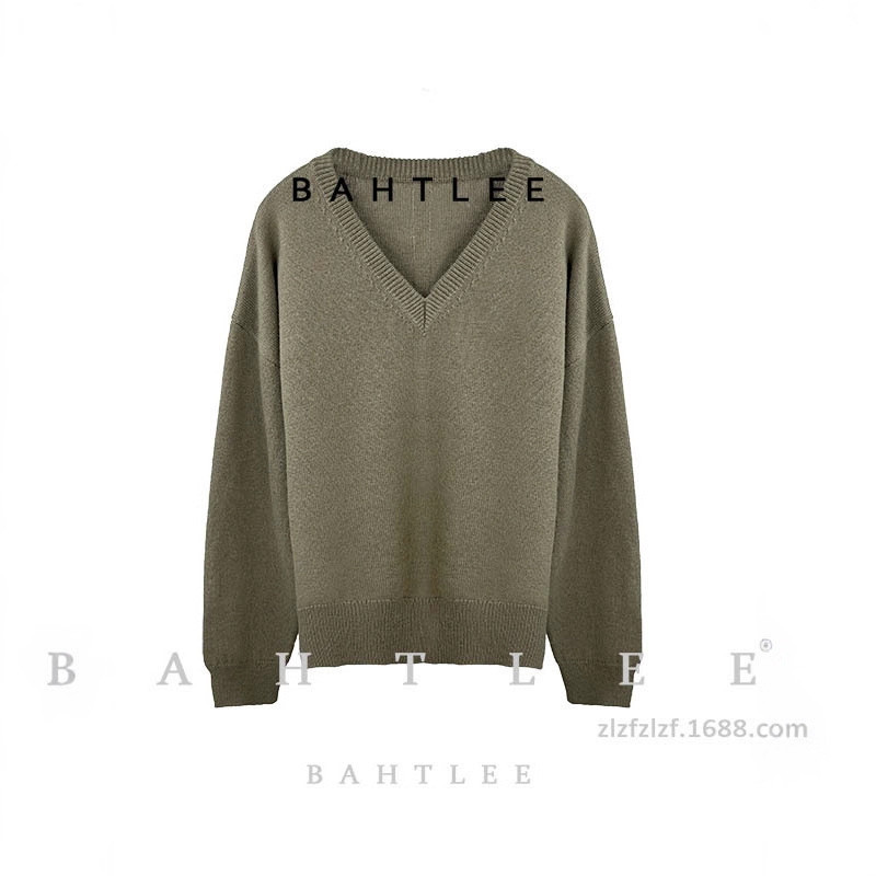 Autumn and Winter Basulan Simple Ro* Style Wool Design Oversized Pullover V-Neck Knit Sweater with Wide Sleeves