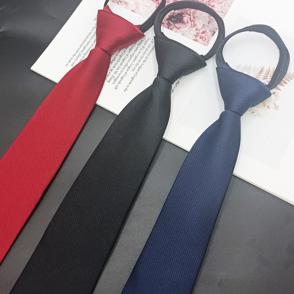 Manufacturer Men's Zipper Collar Tie 6cm Narrow Solid Dark Twill Lazy Pull-Open No Need to Iron Black Tie