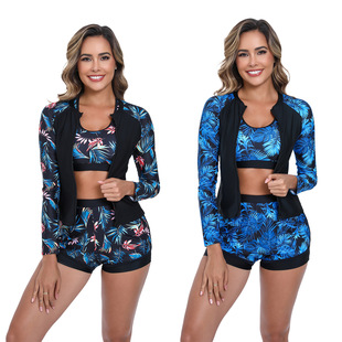 Foreign trade new long sleeve zipper bra double shorts beach surfing suit sports three-piece sunscreen European and American swimsuit