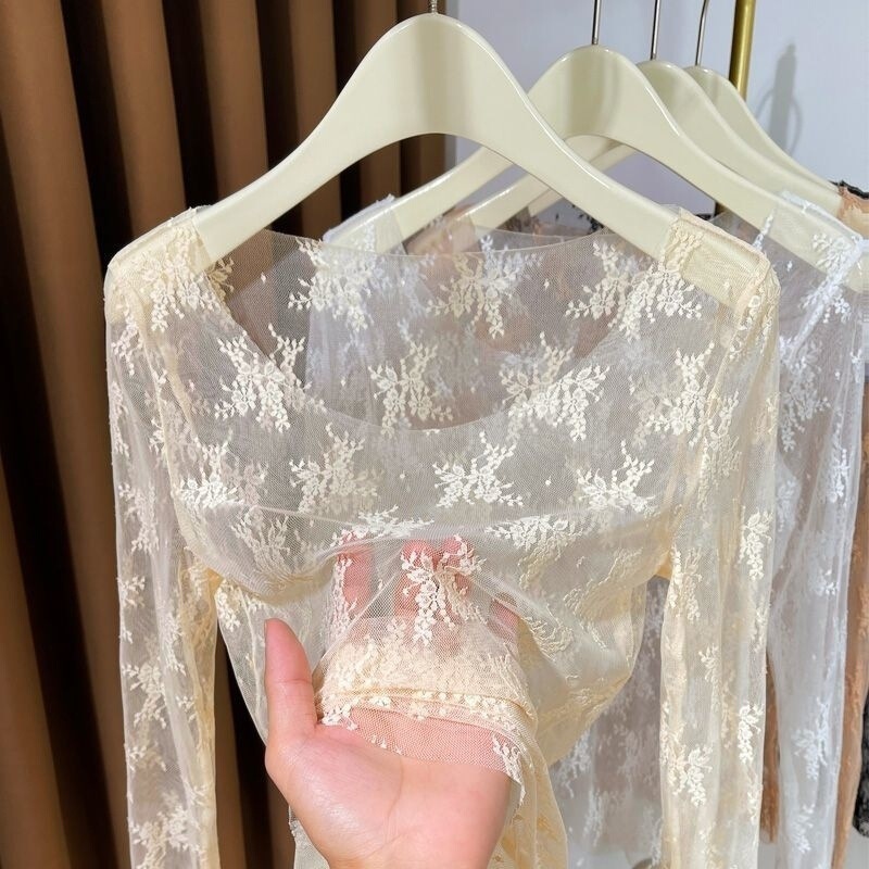 Large Round Neck Lace Ultra-Thin Undershirt, Stylish Sheer Inner Layer, High-End Transparent Mesh Top, Low-Neck Blouse for Women Large Round Neck Lace Ultra-Thin Undershirt, Stylish Sheer Inner Layer, High-End Transparent Mesh Top, Low-Neck Blouse for Women