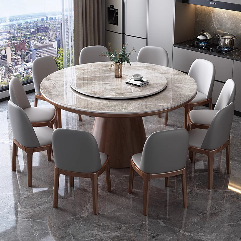 Mesa y silla de comedor de tabla de roca de alta gama, mesa de comedor casera moderna y simple con mesa giratoria, mesa redonda de madera maciza del hotel