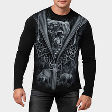 2023新款跨境秋季宽松圆领大码男装新款T恤3D彩印长袖网眼透气T恤