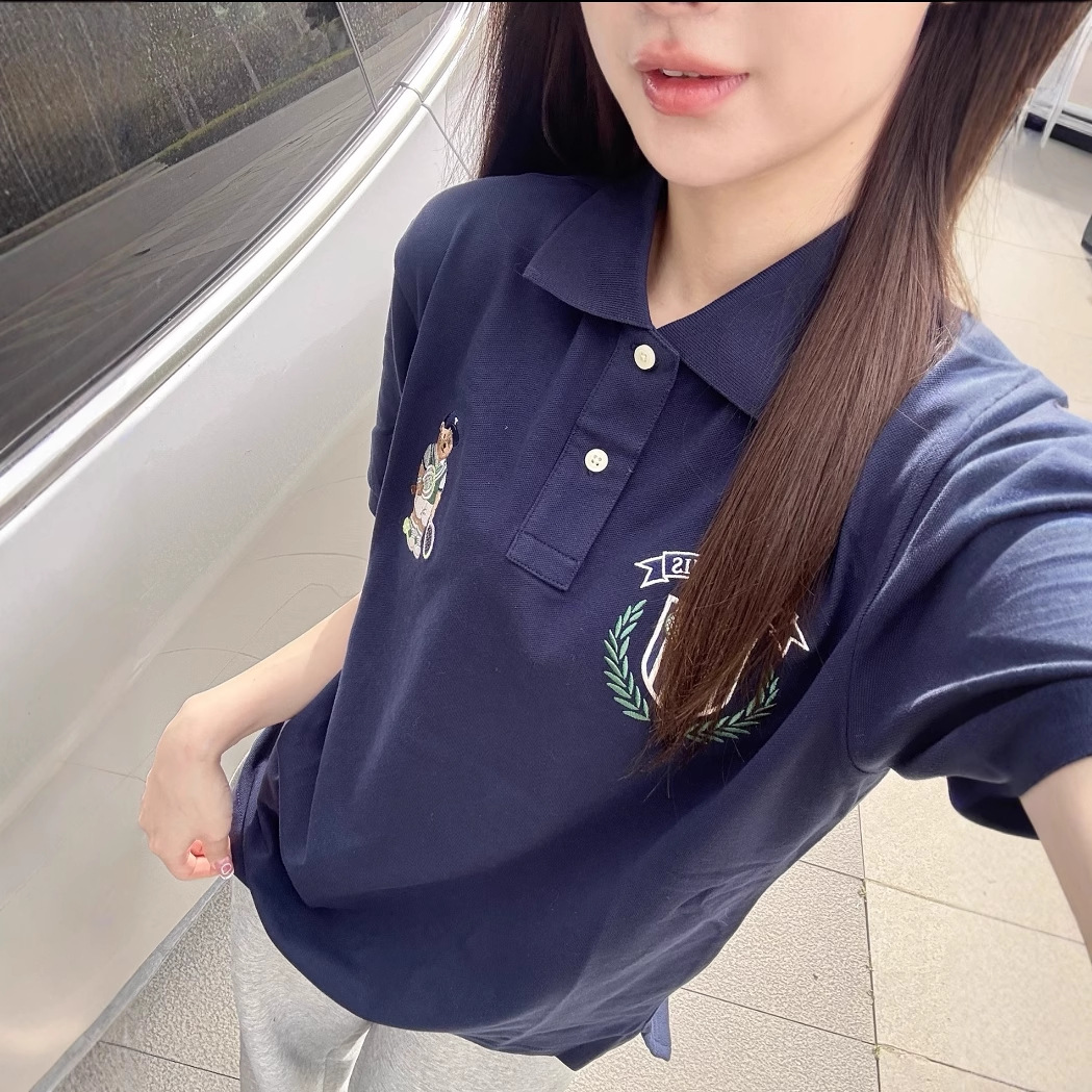 2025夏季新款卡通印章刺绣短袖t恤女学院风polo衫百搭显瘦上衣潮