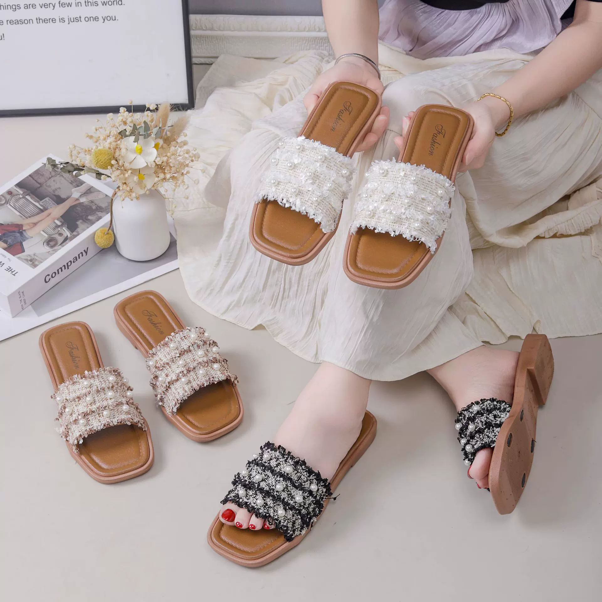 爆款仙女风一字凉拖女夏新款外穿平底配裙子法式珍珠小香风拖鞋女