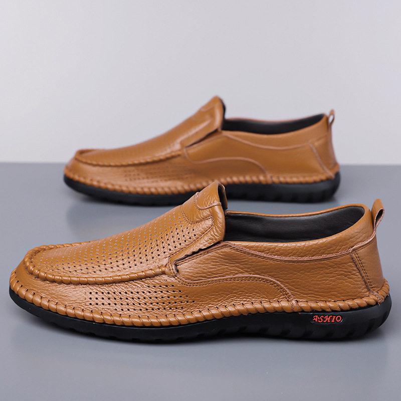Dép sandal nam da bò thật thoáng khí lỗ rỗng, dép lê mùa hè gót thấp 1-3 cm — nâu, đen