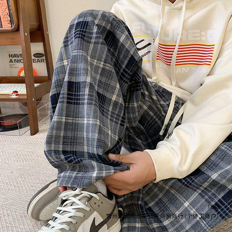 American retro plaid sweatpants for men, spring and autumn, high street oversized color-blocked wide-leg sweatpants, loose casual pants.