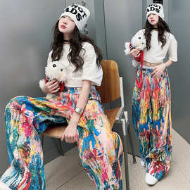 女童2025春款新款3D彩印泼墨油画调色盘阔腿裤休闲裤男女同款