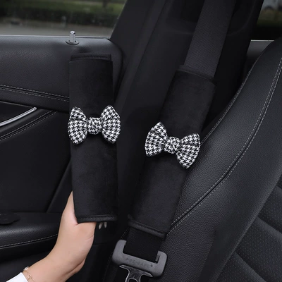 Cute Camellia Four-Season Car Seat Seat belt shoulder pad - a-pair-of-short-plush-shoulder-pads-houndstooth-bow