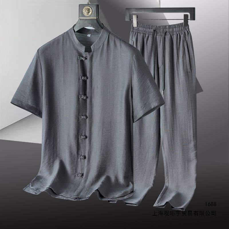 Middle-aged and elderly men's Tang suit, father's summer short-sleeved Hanfu, Chinese style grandfather's summer clothes, ice silk set