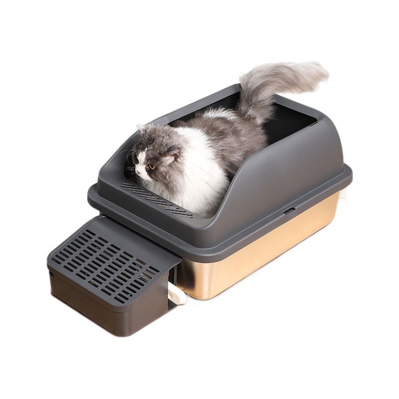 La caja de arena para gatos de acero inoxidable es fácil de limpiar, ensanchar, engrosar, arena a prueba de fugas, gran espacio, inodoro para gatos abierto, protección contra salpicaduras externas, arena