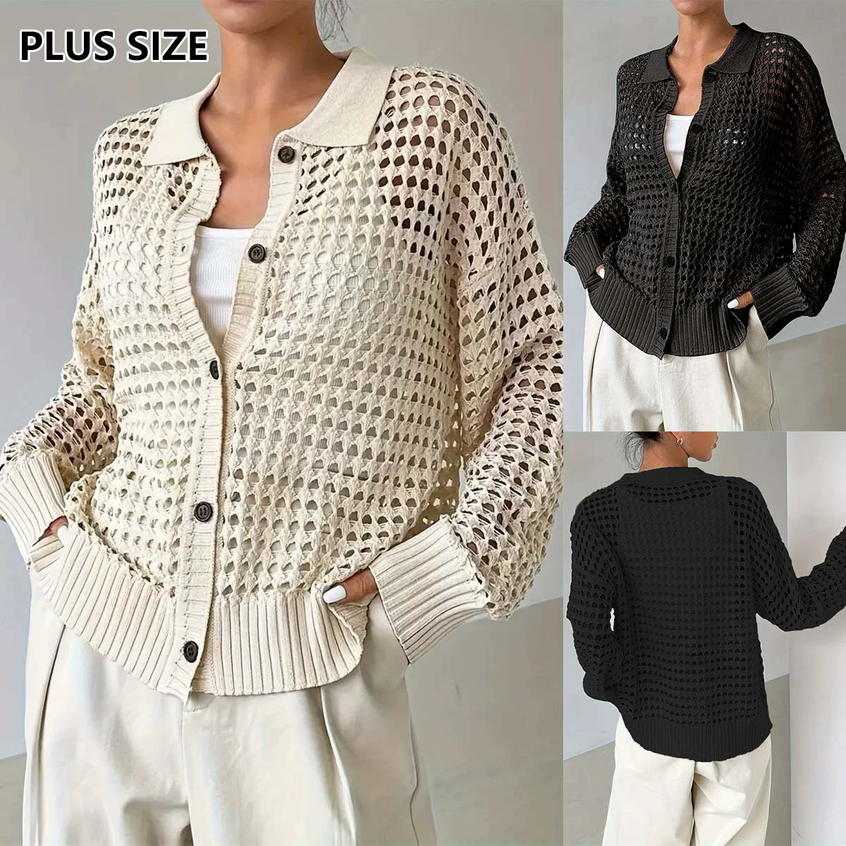 Трансграничный европейский и американский Amazon AliExpress однотонный полый весенне-летний однобортный вязаный кардиган большого размера с лацканами