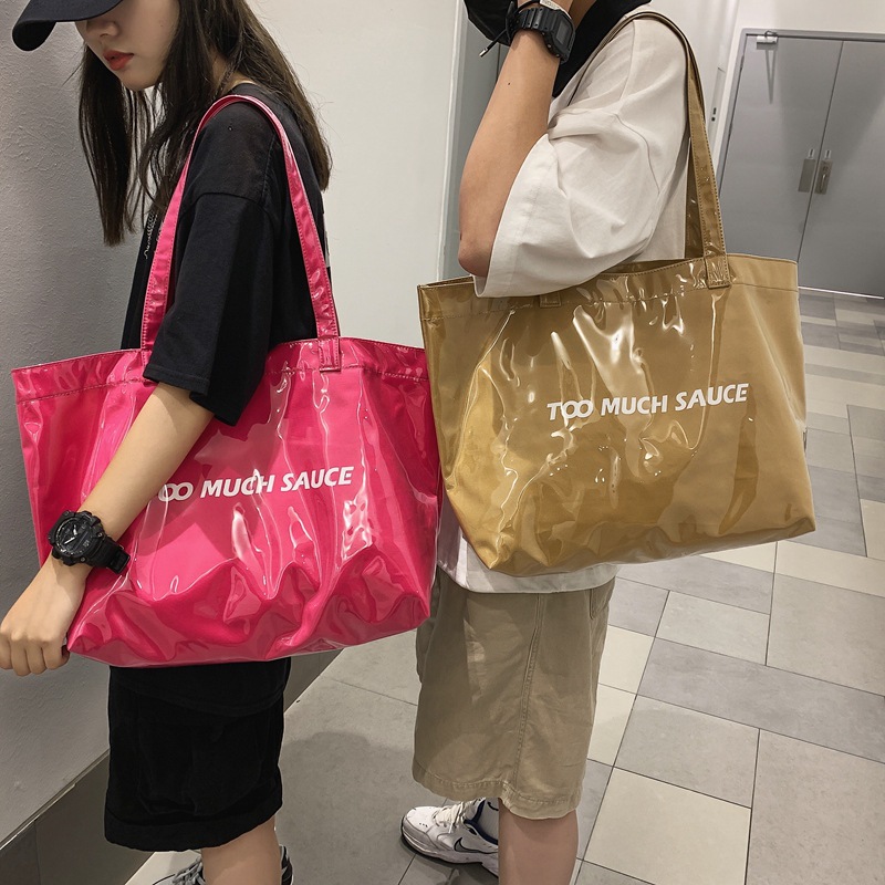 간단한 투명 패션 젤리 가방 대용량 학생 숄더백 2023 새로운 편지 접합 토트백 여성 가방