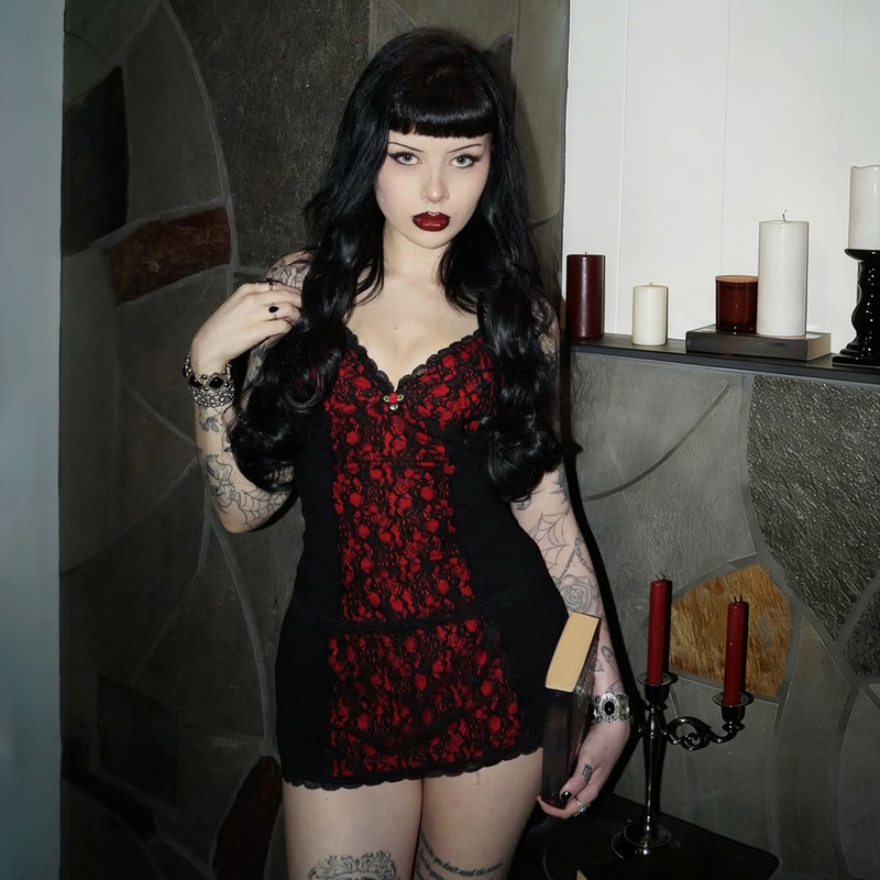 Dark Style Gothic Loli Sexy Lace Splicing Breast-Shaped Suspender Hot Girl Personalized Rose Contrasting Color Outer Vest