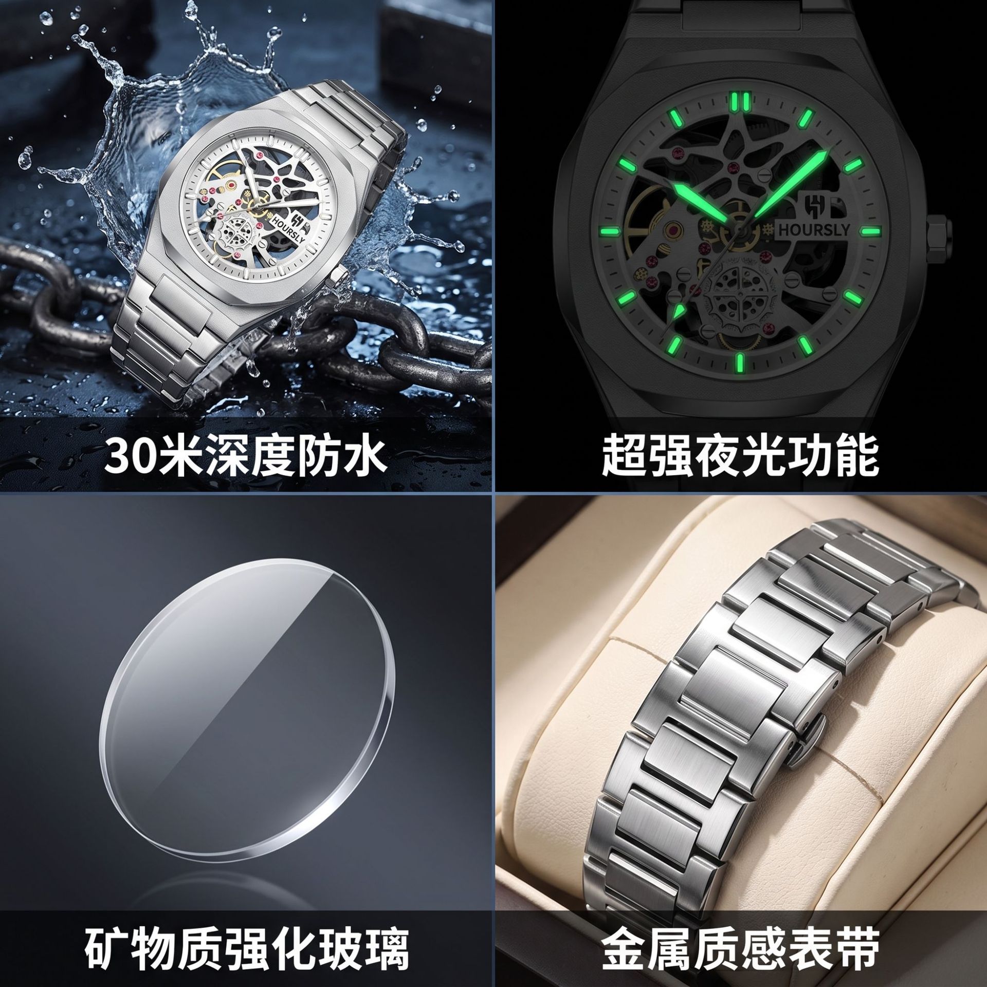 Relojes transfronterizos de venta caliente en Europa y los Estados Unidos relojes impermeables de la marca hoursly para hombres relojes mecánicos falsos relojes de cuarzo de acero inoxidable image 4