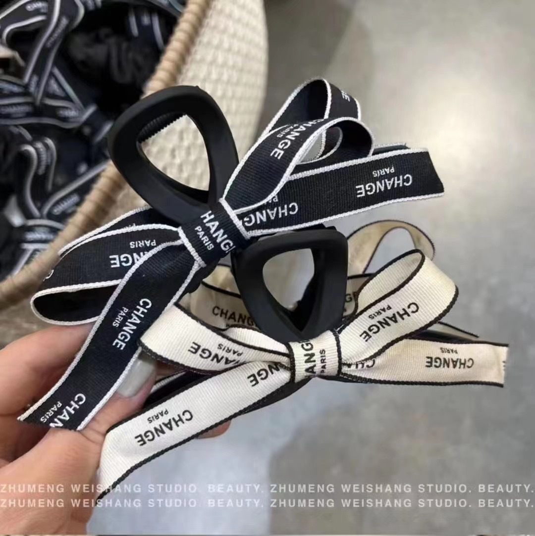 網紅直播～復古英文字母織帶氣質百搭盤發抓夾發圈蝴蝶結韓版