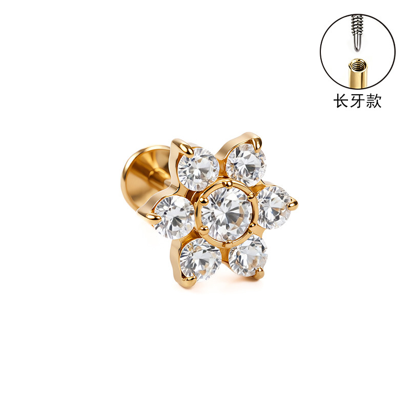 F136 Titanium Alloy Long Tooth Ear Studs, Carved Ear Bone Studs with Zircon, G23 Titanium Body Piercing Jewelry detail image 12
