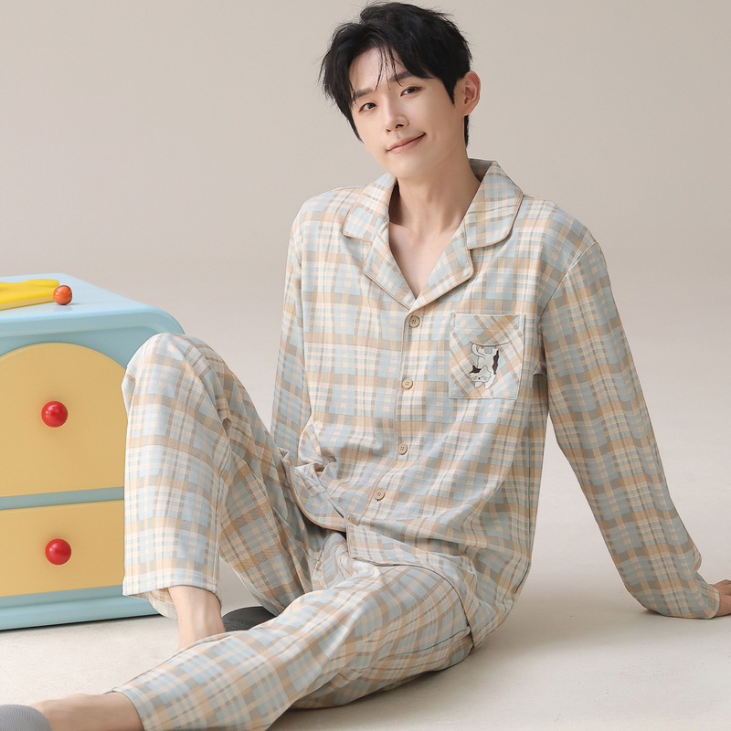 100% Cotton Autumn and Winter Long-Sleeved Men's Pajamas Cardigan Lapel Korean Style New Fashion Home Clothes Can Be Worn Outside in Winter