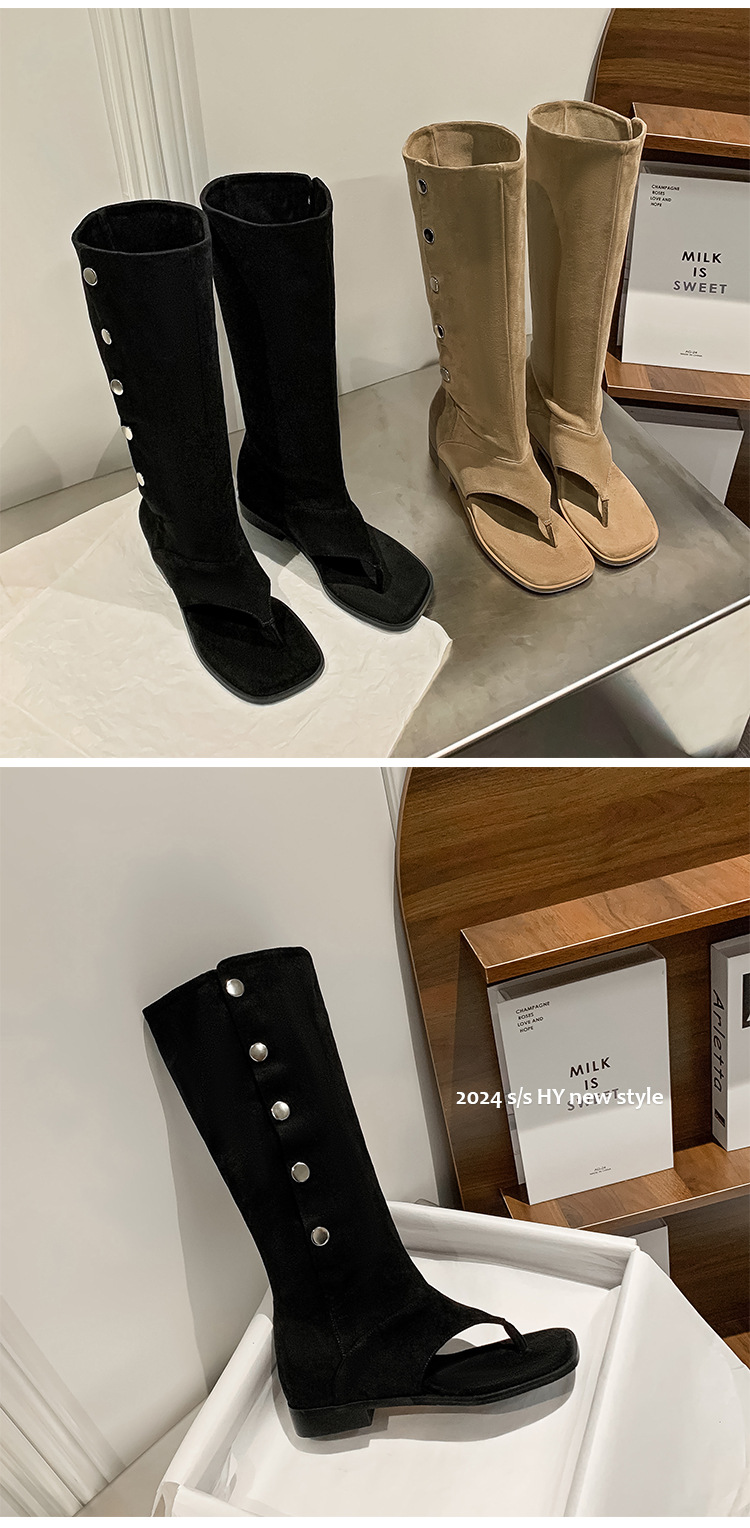 Boot cao gót xỏ ngón hai kiểu mỏng ống quần mùa hè, phong cách cao bồi tây, mũi vuông — Màu đen chi tiết 13