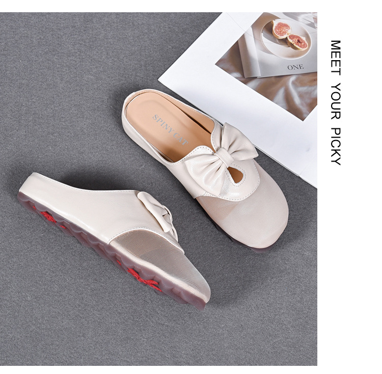 Dép sandal nữ bít mũi lưới thắt nơ da thật đế bằng mềm chống trượt — Màu đen chi tiết 15