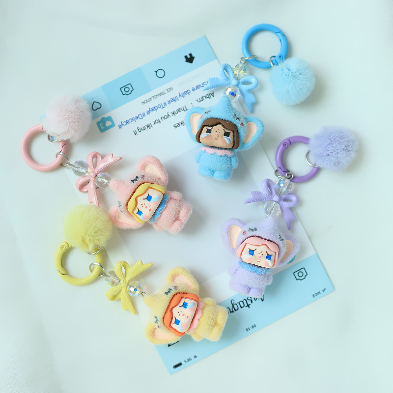 可爱哭娃植绒小象树脂钥匙扣挂饰少女心公仔萌粒包包挂件盲袋礼物