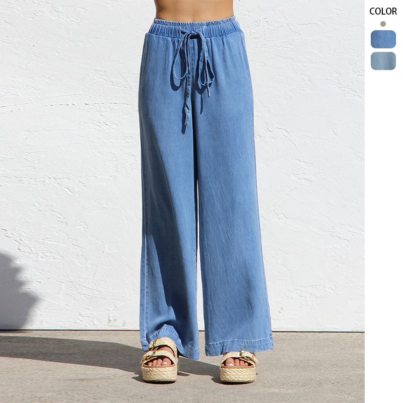 Tencel Jeans for Women, Spring and Summer Thin Style, New European and American High-Waisted Slimming Straight Wide-Leg Ice Silk Drape Casual Pants
