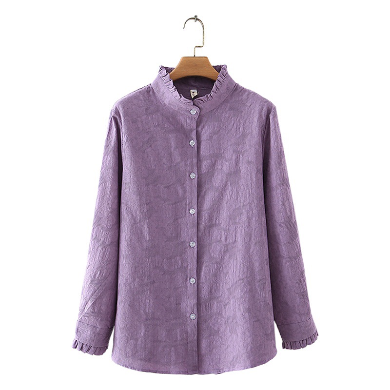 2021 Spring New plus size women's cotton jacquard shirt chubby girl lace collar long sleeve cardigan 2856