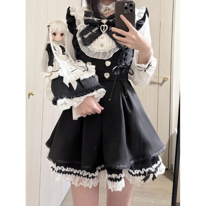 少女感减龄学院风拼接长袖连衣裙重工木耳边短裙秋季显瘦两件套装|undefined