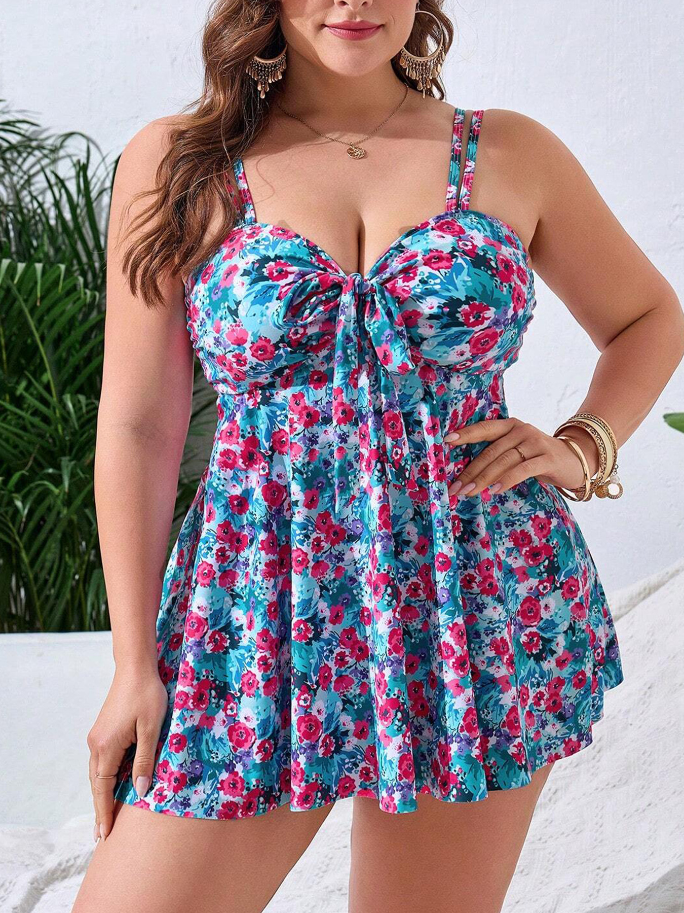 2 Pieces Set Quantity Swimming Pool, Beach Occasion Women's Flower 2 Pieces Set Plus Size Swimwear Swimwear