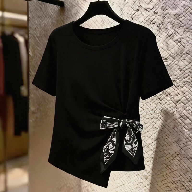 Plus-size summer T-shirt for plus-size women, with belly-covering silk scarf tie, irregular design, waist-cinching, slimming, regular shoulder, short-sleeved top
