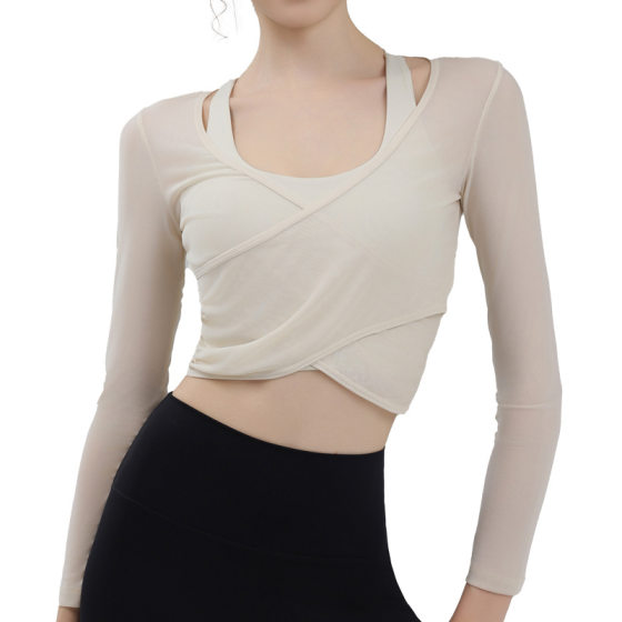 Sky Blue Mesh Fake Two-Piece Sports Top with Chest Pad Elegant Slimming Blouse Pilates Training Fitness Long Sleeve