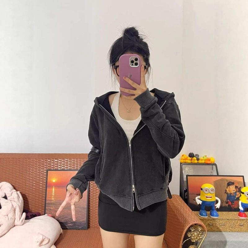 黑灰色连帽开衫卫衣女大码胖mm春秋美式薄款小众短款运动外套冬季|undefined