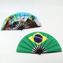 跨境时尚个性彩面功夫扇黑骨塑料创意太极扇西班牙巴西布扇批发