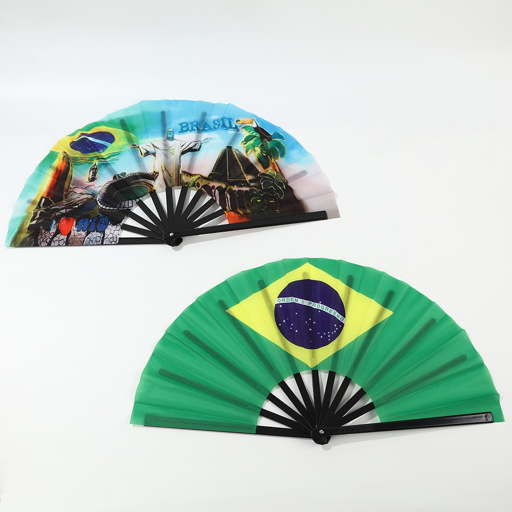 跨境时尚个性彩面功夫扇黑骨塑料创意太极扇西班牙巴西布扇批发