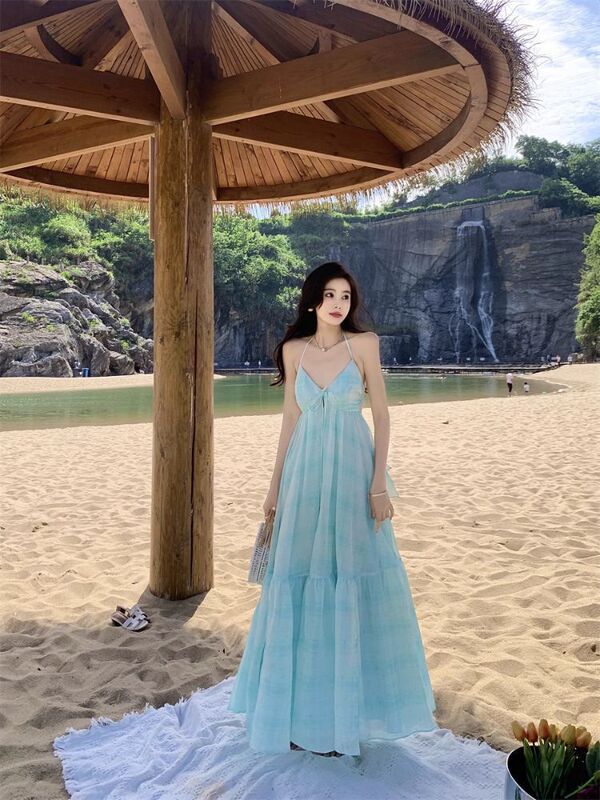 Xiaoli Angel Love Beauty Hyacinth Purple Mint Green V-Neck Halter Strap Dress Spring Dopamine Vacation