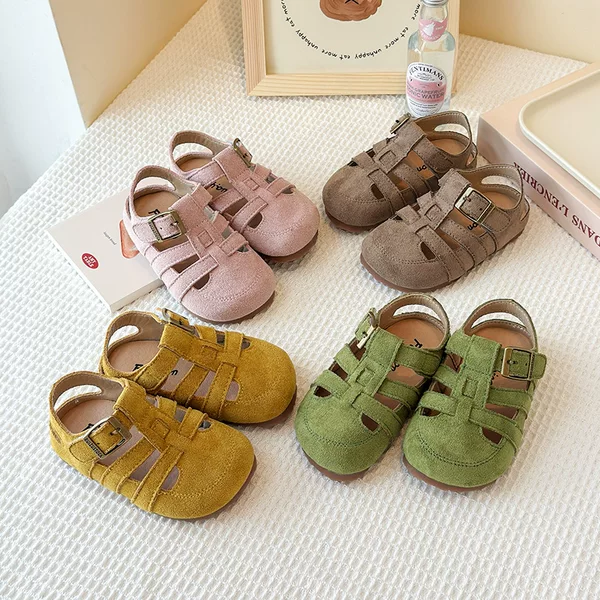 Girls' Summer New Birkenstone Sandals Styline Frosted Leather Boys' Woven Roman Non-Slip Soft Bottom Beach Shoes
