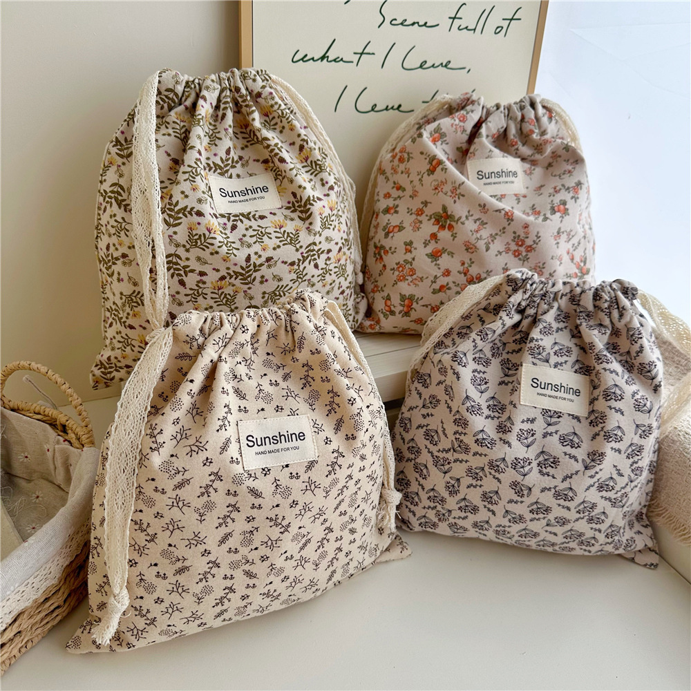 Ins estilo mori algodón cepillado color tierra floral bolsa de cordón clasificación en el hogar bolsa de almacenamiento bolsa de viaje grande