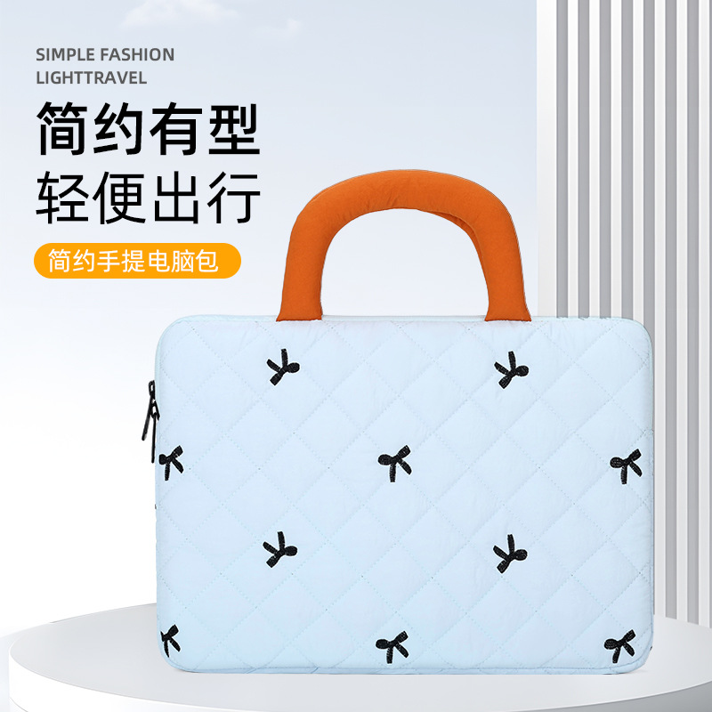 Diamond-patterned bow-knot embroidered handbag for laptop, cute, lightweight, shockproof, tablet storage bag for commuting
